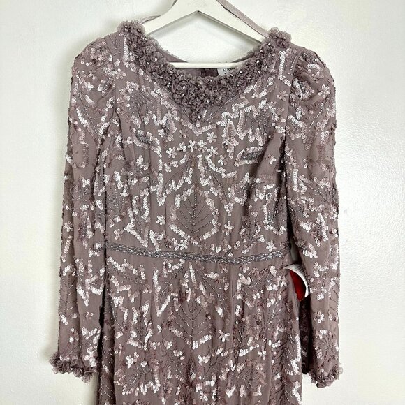 MAC DUGGAL Ruffle Neck Long Sleeve Sequin Midi Dress in Mauve Size US 6 - Picture 4 of 12